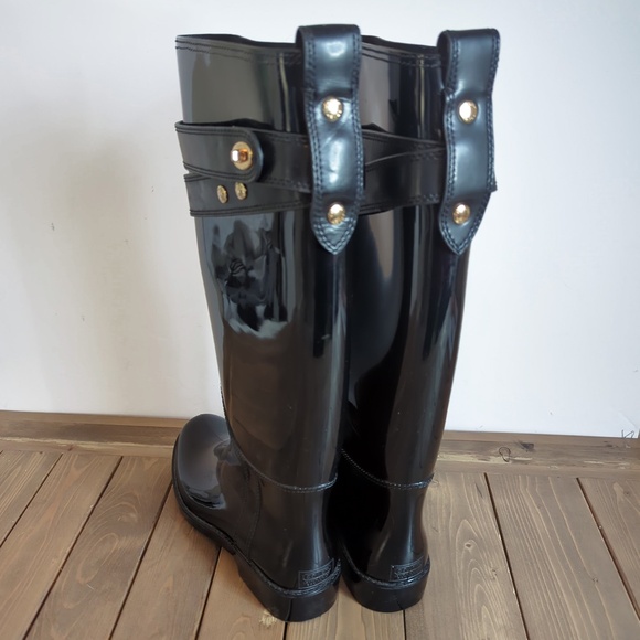 Coach Women’s Tall Shiny Black Rain Boots SZ 7 - Picture 7 of 15